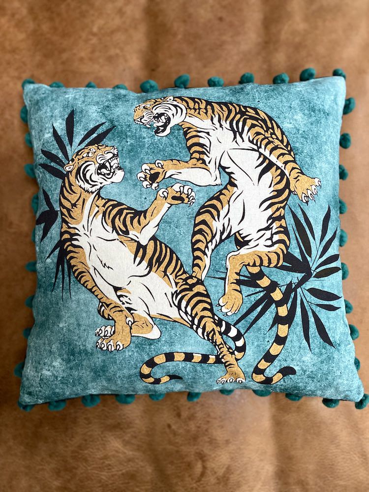 Pillow | Cushion Fighting Tigers Turquoise-Black 45X45X15 Cm Home Accessories Pillow