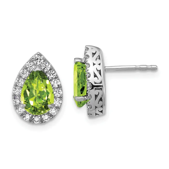 14K White Gold Lab Grown VSSI FGH Diamond and Peridot Pear Post Earrings Goldia Earrings