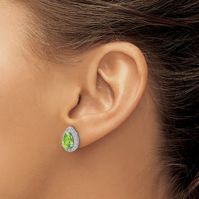 14K White Gold Lab Grown VSSI FGH Diamond and Peridot Pear Post Earrings Goldia Earrings