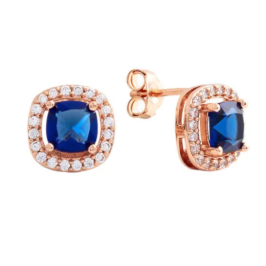 Earrings JMS always Original Elegant Confetti Womens 18K Rose Gold Plated Blue CZ Simulated Cushion Diamond Halo Stud Earrings