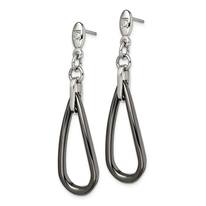 Earrings TreasureFineJewelers Stainless Steel Polished Black Ceramic CZ Dangle Post Earrings