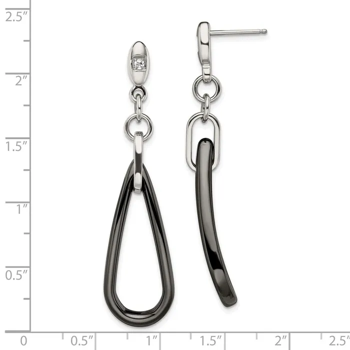 Earrings TreasureFineJewelers Stainless Steel Polished Black Ceramic CZ Dangle Post Earrings