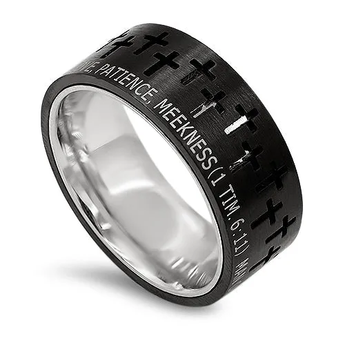 North Arrow Shop Rings MAN OF GOD Small Crosses Ring 1 Timothy 611 Black Stainless Steel Band