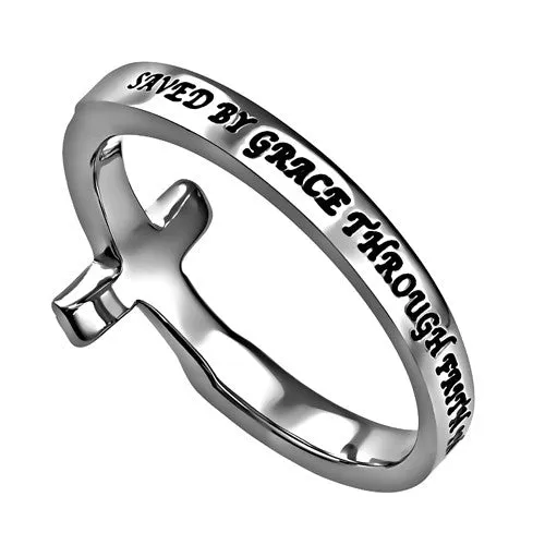North Arrow Shop Rings SAVED BY GRACE Ring Bible Verse Sideways Cross Stainless Steel with Clear CZ Stones
