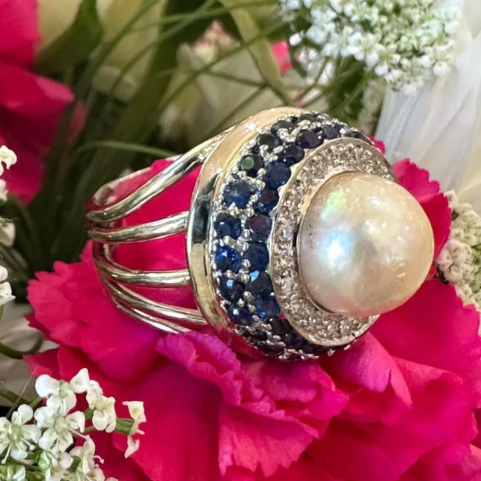 ONeills Estate Jewelry 14 Karat White Gold Pearl Diamond and Blue Sapphire Fashion Ring 30000157 Rings ONeills Estate Jewelry 14 Karat White Gold Pearl Diamond and Blue Sapphire Fashion Ring 30000157 Rings