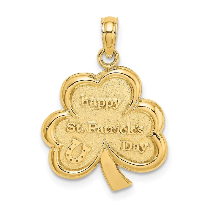 TreasureFineJewelers Charm Necklaces 14k Polished Solid Satin Happy St Patricks Day Clover Charm TreasureFineJewelers Charm Necklaces 14k Polished Solid Satin Happy St Patricks Day Clover Charm