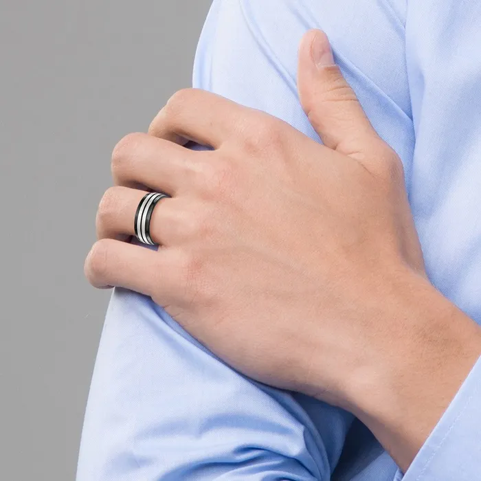 TreasureFineJewelers Rings Stainless Steel Brushed and Polished Black IPplated 8mm Band