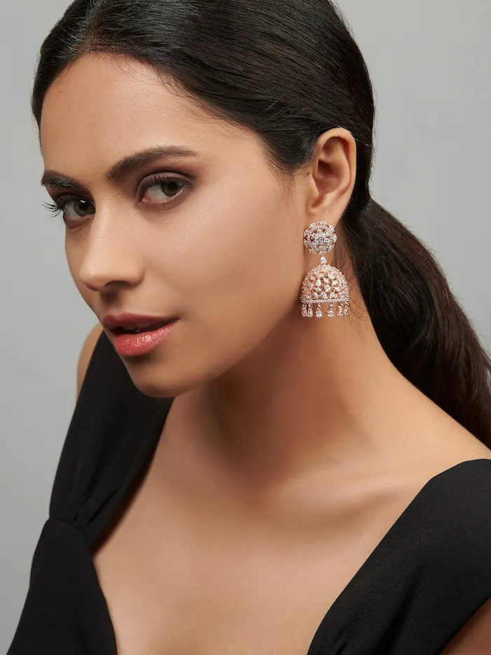 Diamante Cubic Zirconia Rose Gold Jhumki Earrings Curio Cottage Earrings