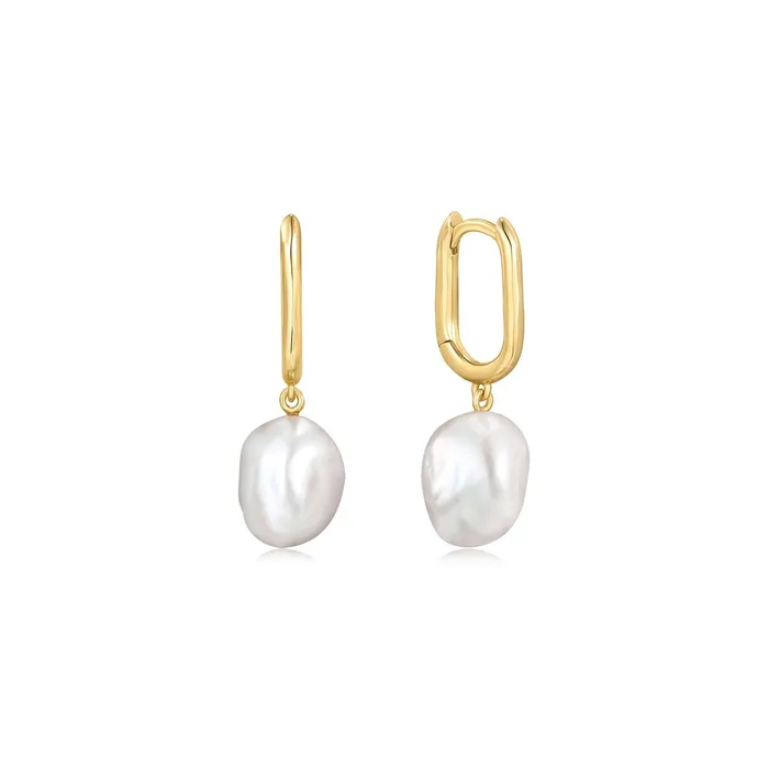 Gold Plated Oval Huggies With Pearl Drop Eklexic Earrings