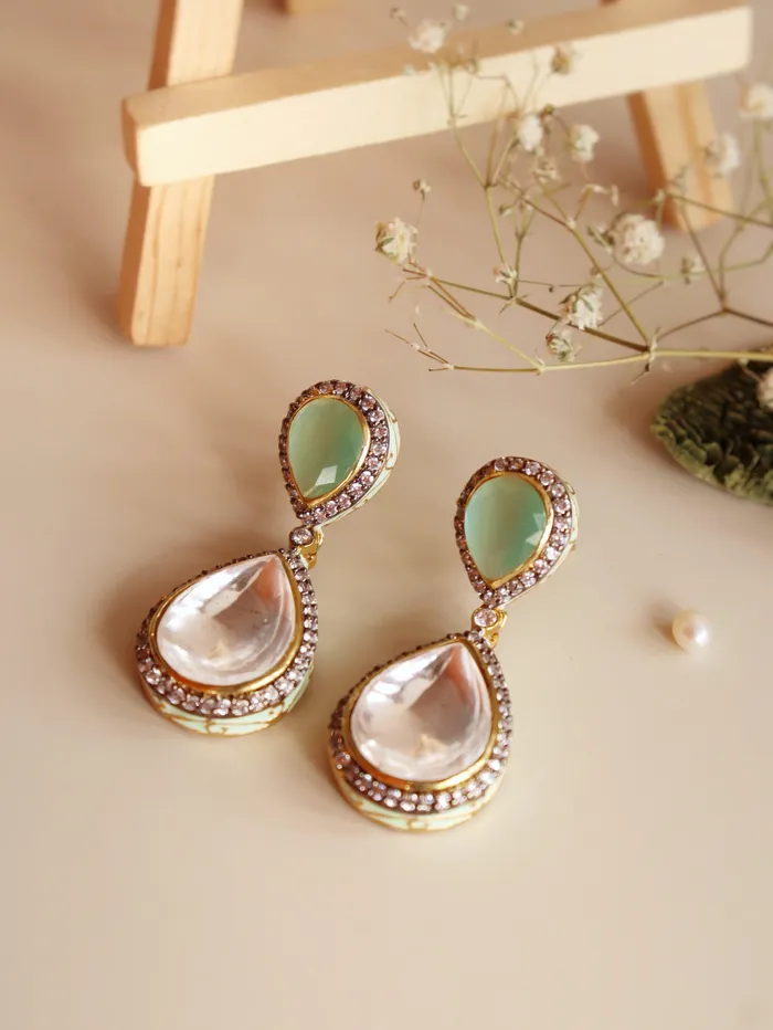 Meira Kundan And Green Drops Dangler Earrings Curio Cottage Earrings