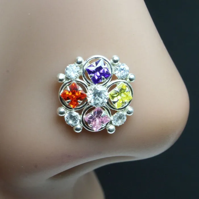 Karizma Jewels Indian 925 Sterling Silver Multicolor CZ Studded Corkscrew nose ring 22g Rings