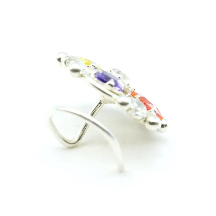 Karizma Jewels Indian 925 Sterling Silver Multicolor CZ Studded Corkscrew nose ring 22g Rings