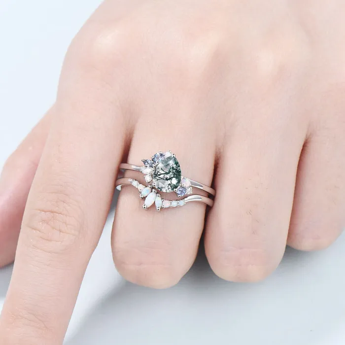 PENFINE Rings Vintage Pear moss agate ring set white gold silver unique agate engagement ring cluster alexandrite wedding ring set opal stacking band PENFINE Rings Vintage Pear moss agate ring set white gold silver unique agate engagement ring cluster alexandrite wedding ring set opal stacking band