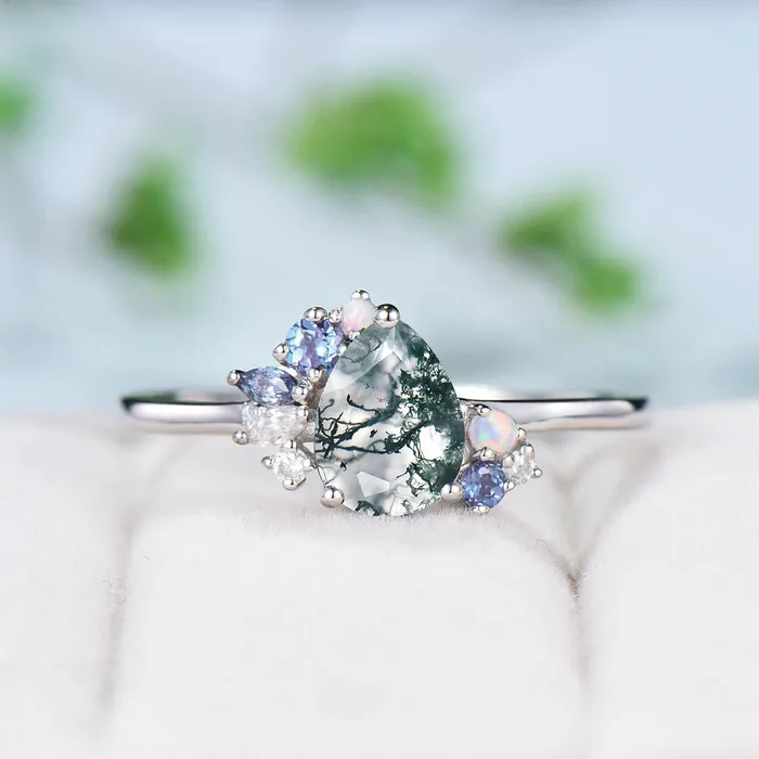 PENFINE Rings Vintage Pear moss agate ring set white gold silver unique agate engagement ring cluster alexandrite wedding ring set opal stacking band PENFINE Rings Vintage Pear moss agate ring set white gold silver unique agate engagement ring cluster alexandrite wedding ring set opal stacking band