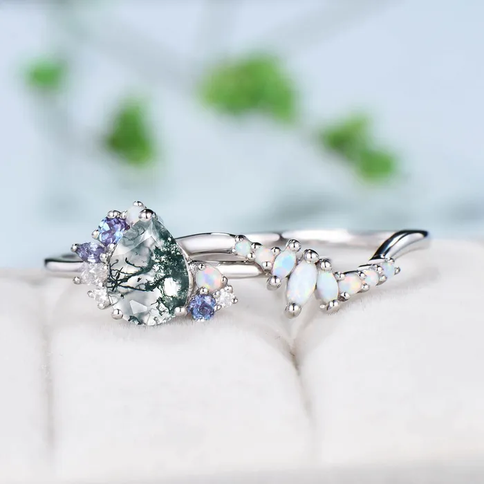 PENFINE Rings Vintage Pear moss agate ring set white gold silver unique agate engagement ring cluster alexandrite wedding ring set opal stacking band PENFINE Rings Vintage Pear moss agate ring set white gold silver unique agate engagement ring cluster alexandrite wedding ring set opal stacking band