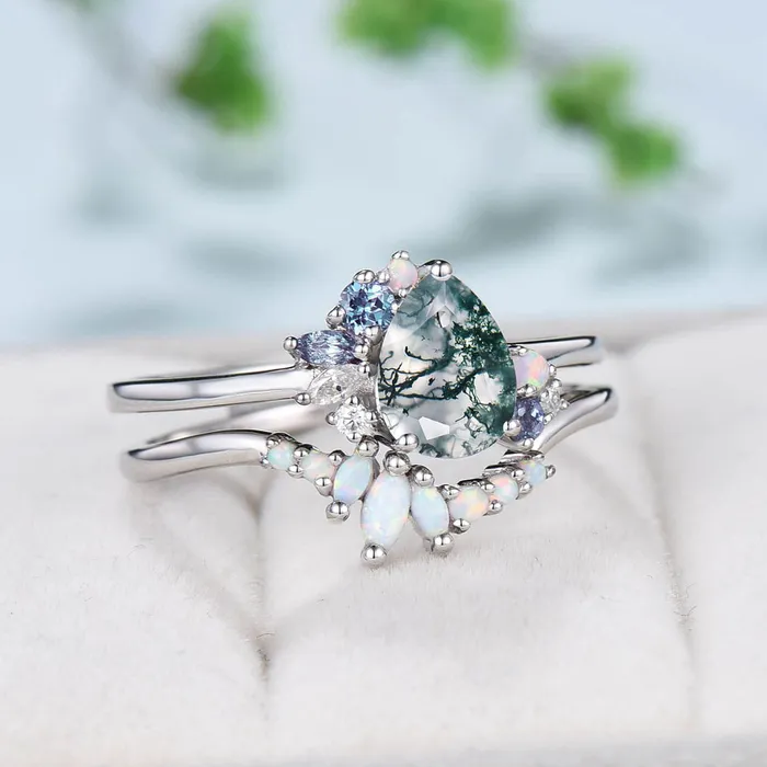 PENFINE Rings Vintage Pear moss agate ring set white gold silver unique agate engagement ring cluster alexandrite wedding ring set opal stacking band PENFINE Rings Vintage Pear moss agate ring set white gold silver unique agate engagement ring cluster alexandrite wedding ring set opal stacking band