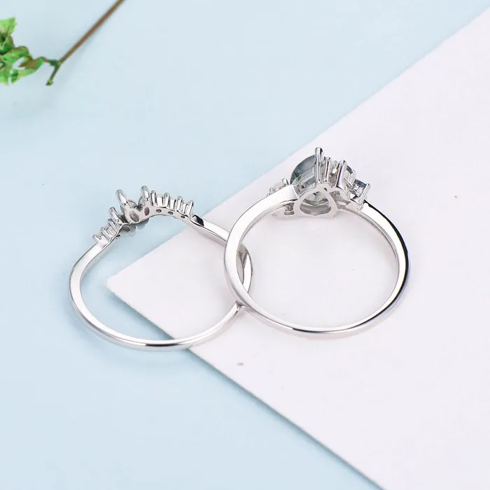 PENFINE Rings Vintage Pear moss agate ring set white gold silver unique agate engagement ring cluster alexandrite wedding ring set opal stacking band PENFINE Rings Vintage Pear moss agate ring set white gold silver unique agate engagement ring cluster alexandrite wedding ring set opal stacking band