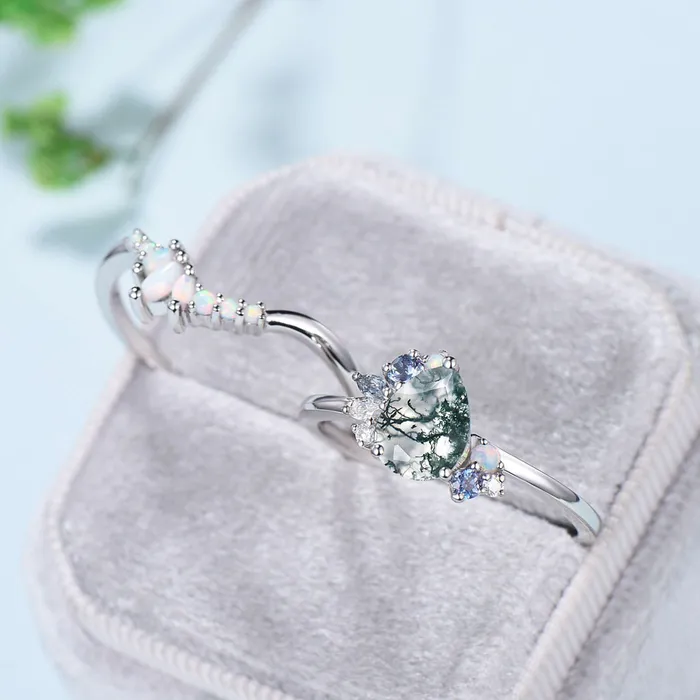 PENFINE Rings Vintage Pear moss agate ring set white gold silver unique agate engagement ring cluster alexandrite wedding ring set opal stacking band PENFINE Rings Vintage Pear moss agate ring set white gold silver unique agate engagement ring cluster alexandrite wedding ring set opal stacking band