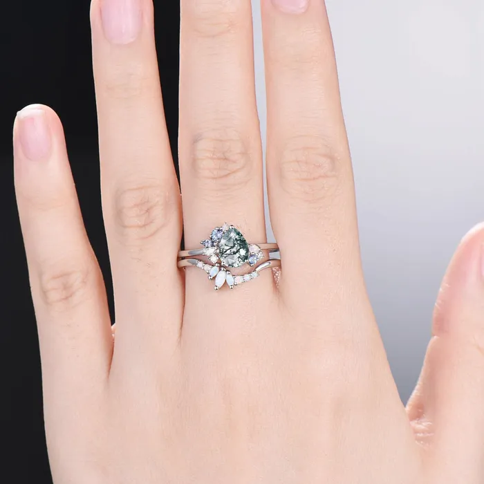 PENFINE Rings Vintage Pear moss agate ring set white gold silver unique agate engagement ring cluster alexandrite wedding ring set opal stacking band PENFINE Rings Vintage Pear moss agate ring set white gold silver unique agate engagement ring cluster alexandrite wedding ring set opal stacking band