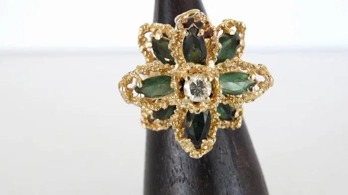 Vintage by Misty Rings 1970s 3 Carat Green Tourmaline Flower Ring with Diamond Vintage by Misty Rings 1970s 3 Carat Green Tourmaline Flower Ring with Diamond