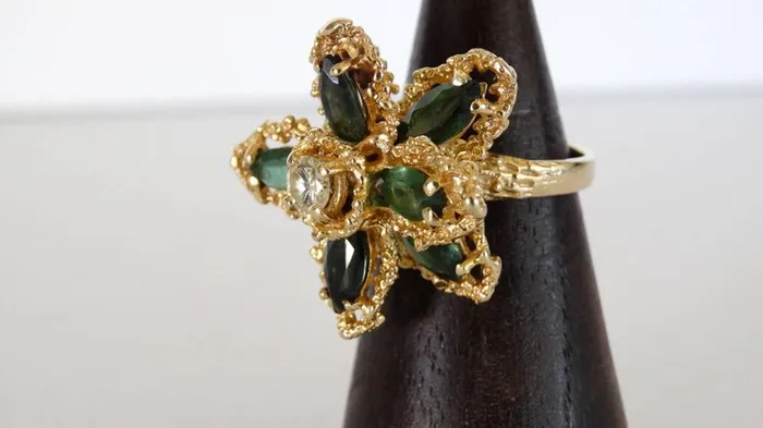Vintage by Misty Rings 1970s 3 Carat Green Tourmaline Flower Ring with Diamond Vintage by Misty Rings 1970s 3 Carat Green Tourmaline Flower Ring with Diamond