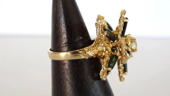 Vintage by Misty Rings 1970s 3 Carat Green Tourmaline Flower Ring with Diamond Vintage by Misty Rings 1970s 3 Carat Green Tourmaline Flower Ring with Diamond