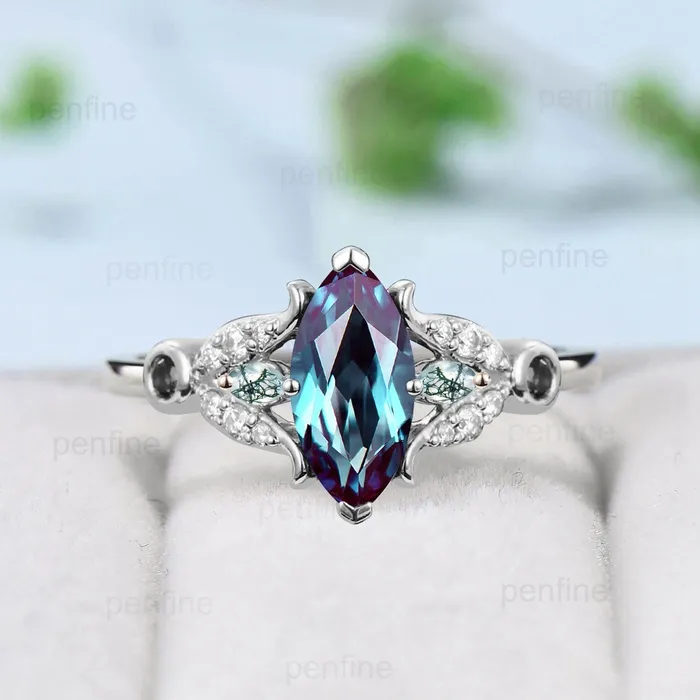 Vintage Marquise Cut alexandrite engagement ring split shank green agate color change ring silver yellow gold emerald wedding ring for women PENFINE Rings Vintage Marquise Cut alexandrite engagement ring split shank green agate color change ring silver yellow gold emerald wedding ring for women PENFINE Rings