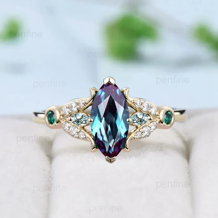 Vintage Marquise Cut alexandrite engagement ring split shank green agate color change ring silver yellow gold emerald wedding ring for women PENFINE Rings Vintage Marquise Cut alexandrite engagement ring split shank green agate color change ring silver yellow gold emerald wedding ring for women PENFINE Rings