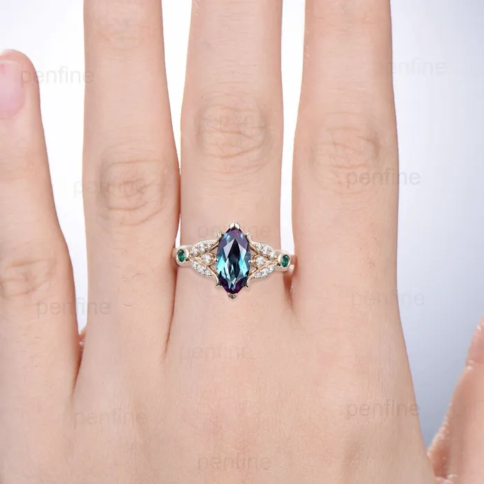 Vintage Marquise Cut alexandrite engagement ring split shank green agate color change ring silver yellow gold emerald wedding ring for women PENFINE Rings Vintage Marquise Cut alexandrite engagement ring split shank green agate color change ring silver yellow gold emerald wedding ring for women PENFINE Rings