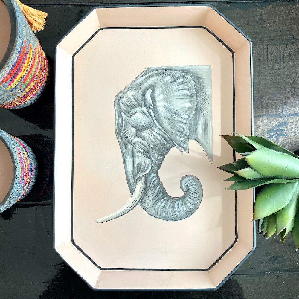 trays | Hand-Painted Tray ‘Elephant’ Made Of Iron In Cream – 43X30Cm Home Accessories trays