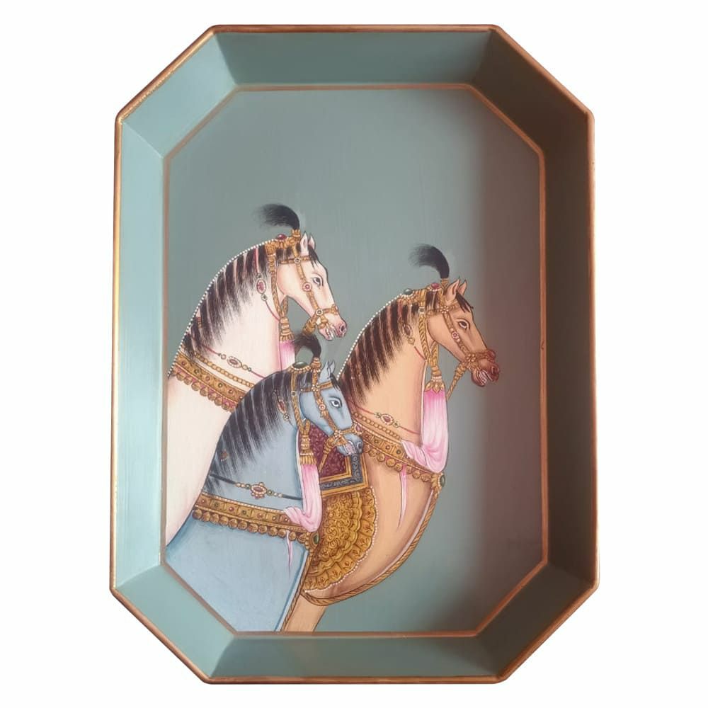 trays | Hand-Painted Tray Horses, Light Blue 43X30Cm Home Accessories trays