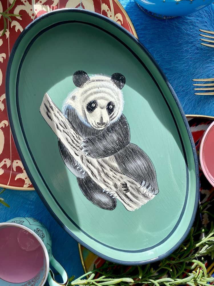 trays | Hand-Painted Tray ‘Panda’ Made Of Iron – Green 33X20 Cm Home Accessories trays