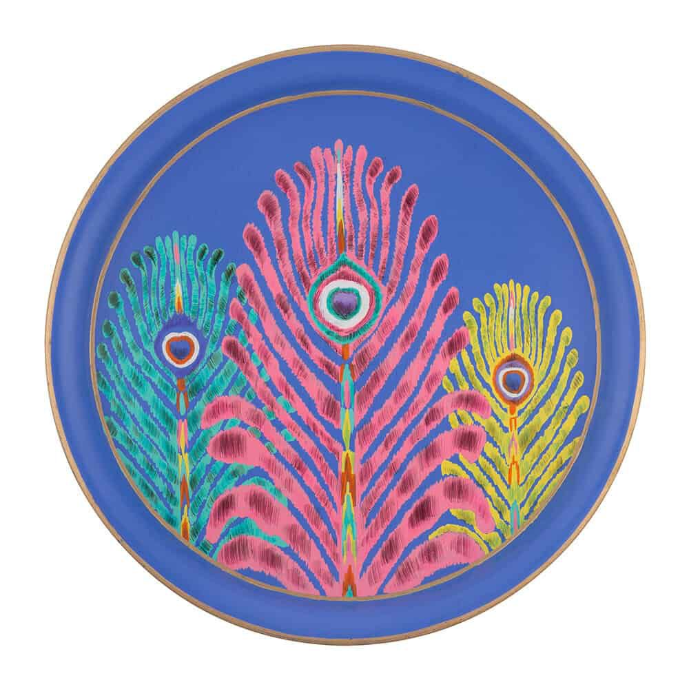 trays | Round Iron Tray ‘Peacock Feathers’ Blue Ø38Cm Home Accessories trays